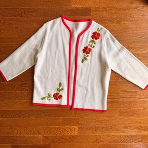Vintage sweater cardigan with hand knit red roses and red trim size small fb1